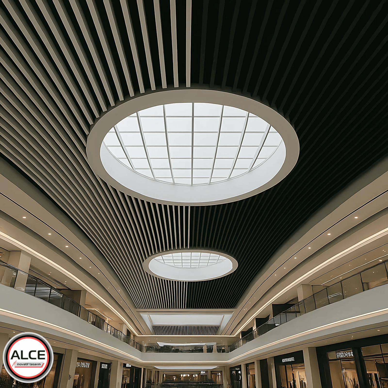 Tasarım esnekliği sunan metal baffle asma tavan sistemi, antrasit ve beyaz panellerle oluşturulmuş bu uygulamada, gizli ışık bandı ve spot aydınlatmalarla alışveriş merkezi gibi büyük hacimli mekânlara uyum sağlar – Alce İnovatif Tasarım